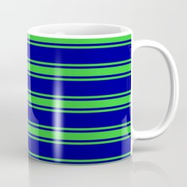 [ Thumbnail: Dark Blue and Lime Green Colored Stripes/Lines Pattern Coffee Mug ]
