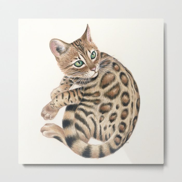 Cute Bengal Cat Kitten Tabby Spotted Pet Watercolor Art Metal Print