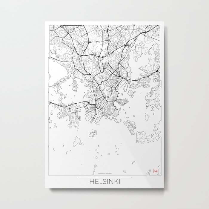 Helsinki Map White Metal Print
