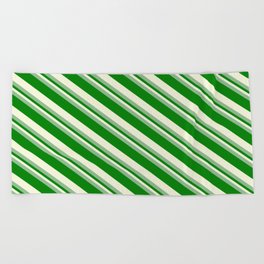 [ Thumbnail: Dark Sea Green, Green & Beige Colored Stripes/Lines Pattern Beach Towel ]