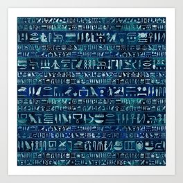 Egyptian hieroglyphs -silver on blue painted texture Art Print