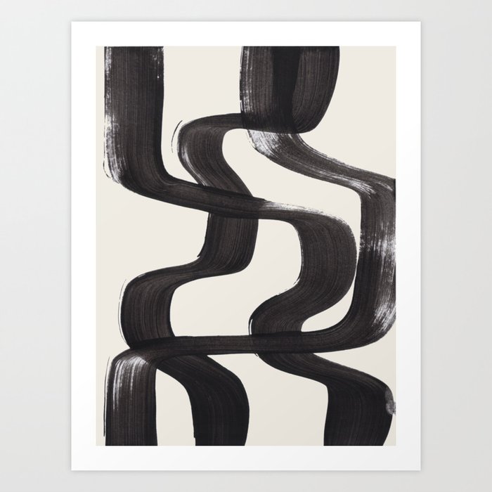 Mid Century Modern Minimalist Abstract Art Brush Strokes Black & White Ink Art Ripple Lines Art Print