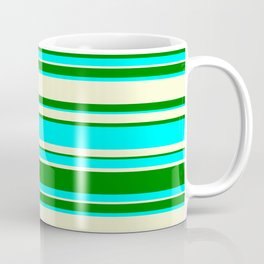 [ Thumbnail: Light Yellow, Green, and Aqua Colored Lined Pattern Coffee Mug ]