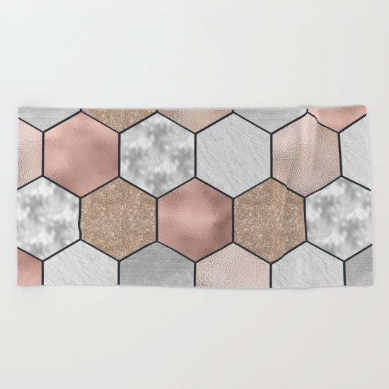 Marble hexagons and rose gold on black Beach Towel