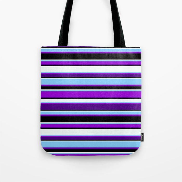 Vibrant Light Sky Blue, Dark Violet, Indigo, Black, and Mint Cream Colored Striped Pattern Tote Bag