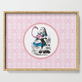 Alice in Wonderland | Alice Playing Croquet with a Flamingo and Hedgehogs | Pink Damask Pattern | Serving Tray