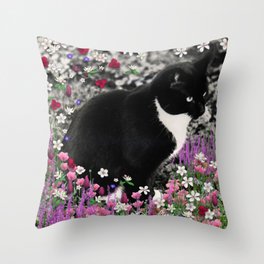 Freckles in Flowers II - Tuxedo Kitty Cat Throw Pillow