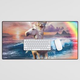 Cat Riding Unicorn Wearing Sunglasses, Beach Rainbow Funny Desk Mat