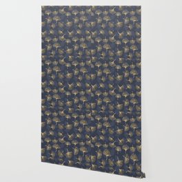 Gold Ginkgo Biloba Navy Blue Pattern Wallpaper