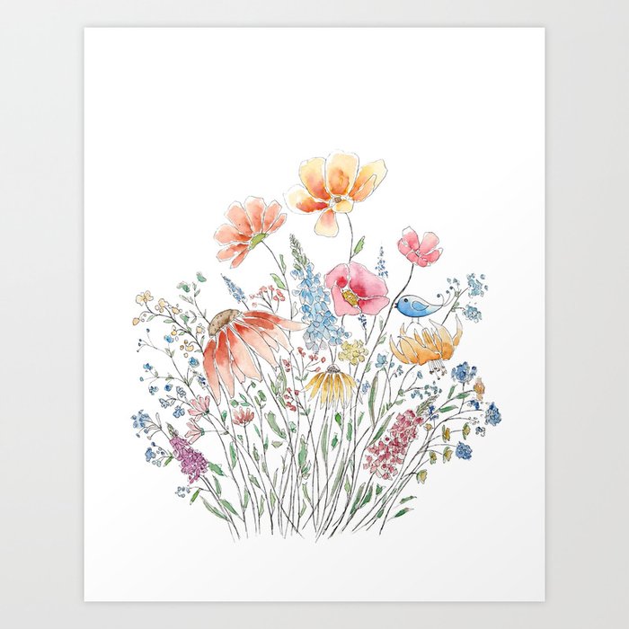 wild flower bouquet and blue bird- ink and watercolor 2 Art Print