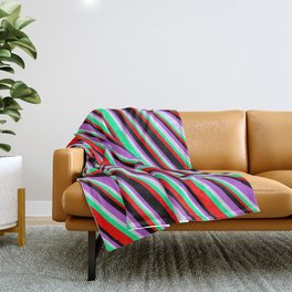 [ Thumbnail: Lavender, Green, Red, Black & Orchid Colored Lines/Stripes Pattern Throw Blanket ]