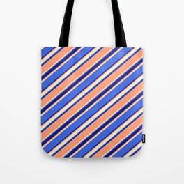 [ Thumbnail: Light Salmon, Beige, Royal Blue & Midnight Blue Colored Stripes/Lines Pattern Tote Bag ]