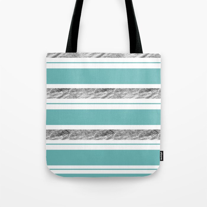 Aqua Blue Stripe with Silver Tote Bag