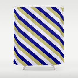 [ Thumbnail: Blue, Dark Khaki & Lavender Colored Lined/Striped Pattern Shower Curtain ]