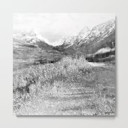 Glen Alps Walk, Grey Scale, Oil Pastel Drawing Metal Print