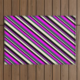 [ Thumbnail: Fuchsia, Dark Slate Gray, Light Yellow, and Black Colored Lined Pattern Outdoor Rug ]