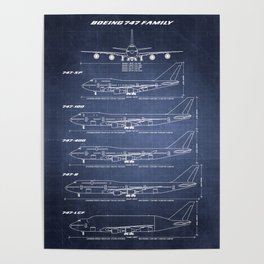 Boeing 747 Family Blueprint in High Resolution (dark blue) Poster