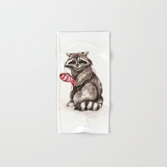 Pensive Raccoon in Red Mittens. Winter Season. Hand & Bath Towel