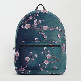 SAKURA LOVE  GRUNGE TEAL Backpack | Embroidery, Flower, Cherryblossom, Patterned, Collage, Decorative, Urbanchic, Teal, Cherrytree, Dark 