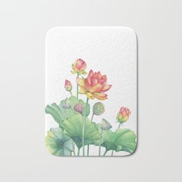 Pink Egyptian lotus flower with leaves and seed head and bud Bath Mat | Lotusleaves, Egyptianlotus, Illustration, Waterlily, Seedhead, Floral, Painting, Plants, Botanical, Pink 