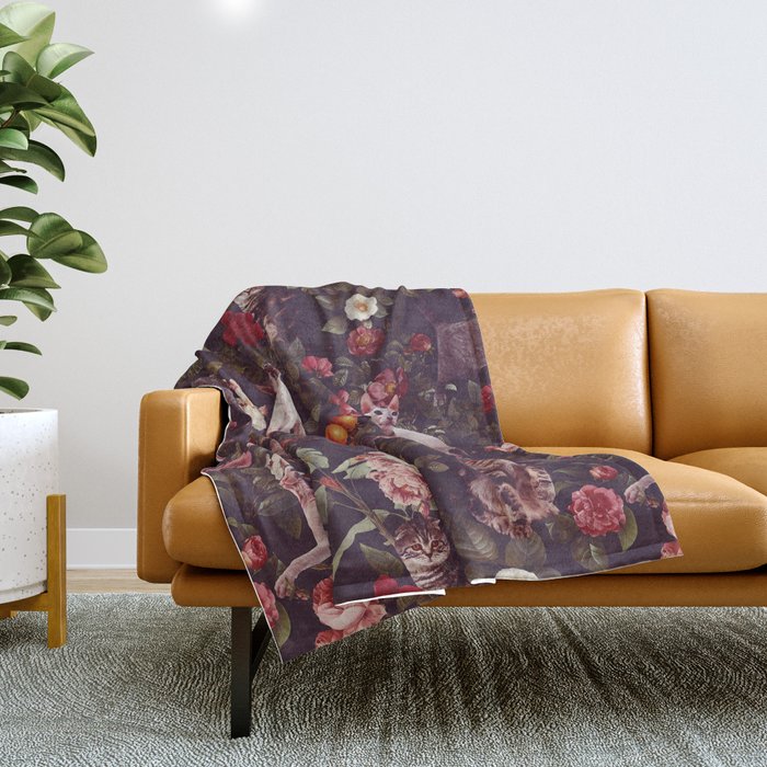 Cat and Floral Pattern Throw Blanket