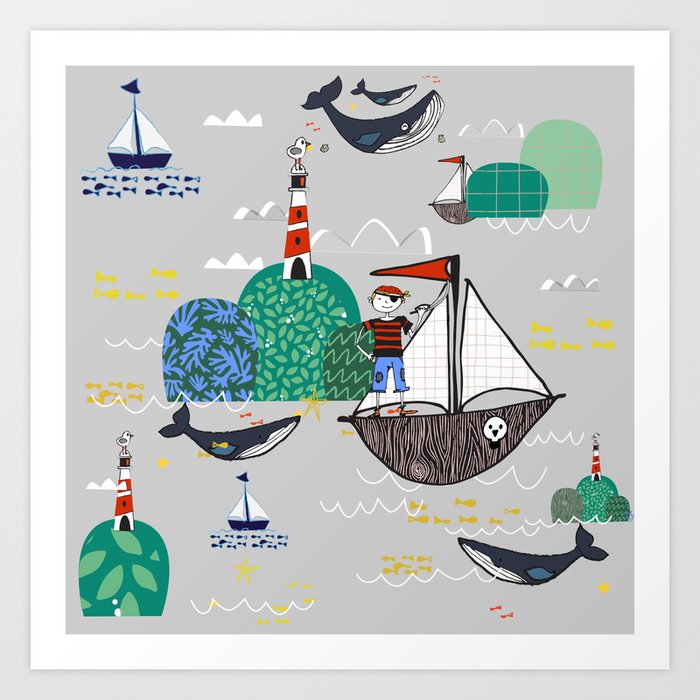 Pirates Ahoy Grey Art Print