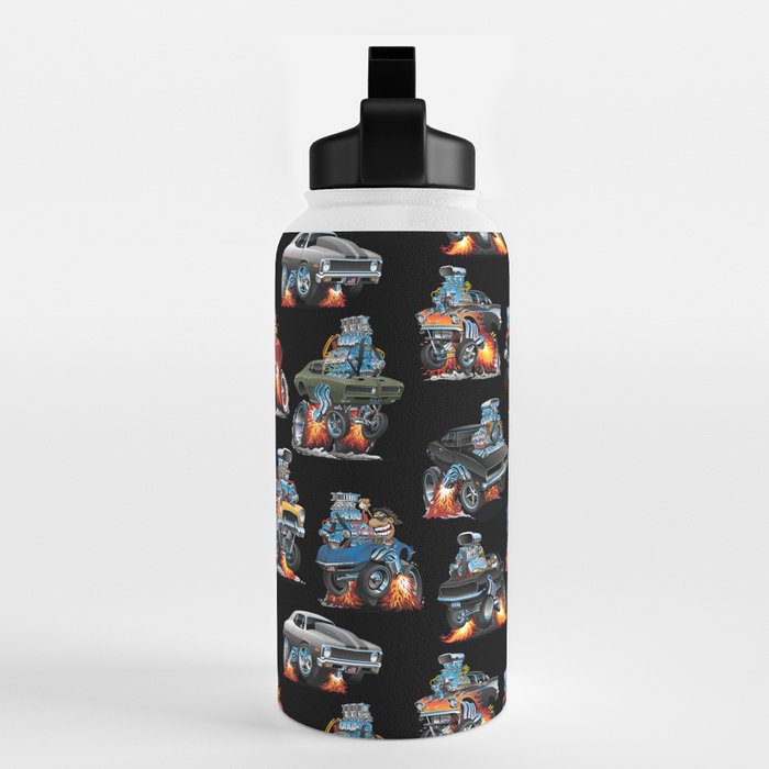 Car Madness! Muscle Cars and Hot Rods Cartoon Water Bottle by hobrath