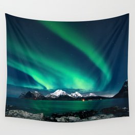 Norway Photography - Green Northern Lights Over Snowy Mountains Wall Tapestry