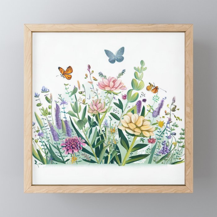 Flowers garden with butterflies Framed Mini Art Print
