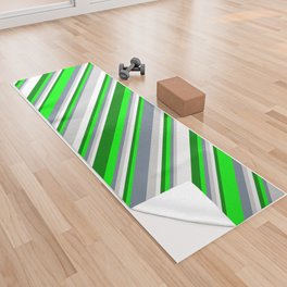 [ Thumbnail: Eyecatching Light Gray, Light Slate Gray, Lime, Green, and White Colored Striped Pattern Yoga Towel ]