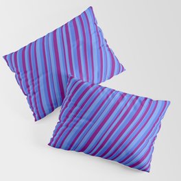 [ Thumbnail: Cornflower Blue, Royal Blue & Purple Colored Pattern of Stripes Pillow Sham ]