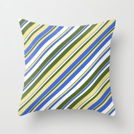 [ Thumbnail: Dark Olive Green, Tan, Royal Blue, and White Colored Stripes Pattern Throw Pillow ]