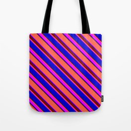 [ Thumbnail: Red, Fuchsia, Blue & Maroon Colored Stripes/Lines Pattern Tote Bag ]