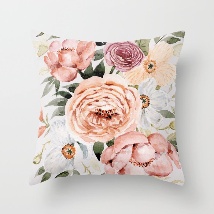 Muted Peonies and Poppies Throw Pillow