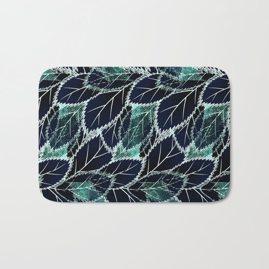 Bright turquoise leaves on a black background. Bath Mat
