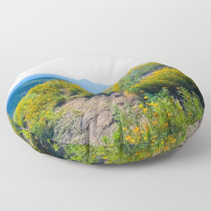 yellow poppy flower field with green leaf and blue cloudy sky in summer Floor Pillow