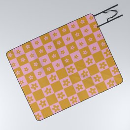 Abstract Floral Checker Pattern 3 in Gold pink Picnic Blanket