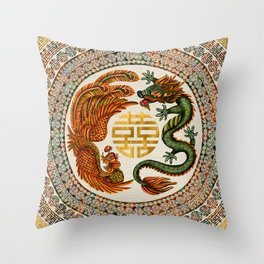 Double Happiness Symbol with Phoenix and Dragon  Throw Pillow