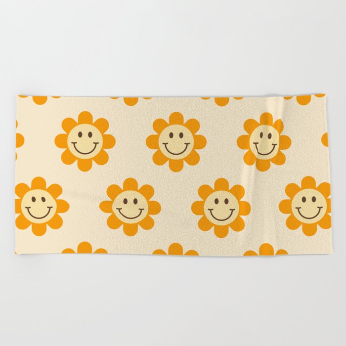70s Retro Smiley Floral Face Pattern in yellow and beige Beach Towel