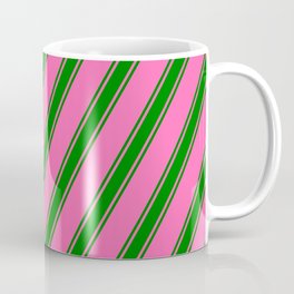 [ Thumbnail: Hot Pink and Green Colored Lined/Striped Pattern Coffee Mug ]