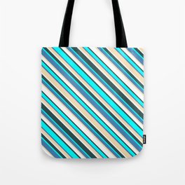 [ Thumbnail: Eye-catching Blue, Tan, White, Dark Slate Gray, and Cyan Colored Lined/Striped Pattern Tote Bag ]