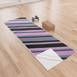 [ Thumbnail: Plum, Slate Gray, and Black Colored Lines Pattern Yoga Towel ]