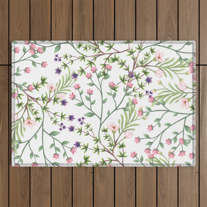 Watercolor Pink Purple Green Foliage Flowers Outdoor Rug