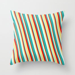 [ Thumbnail: Red, Tan, Light Cyan, and Light Sea Green Colored Lined/Striped Pattern Throw Pillow ]