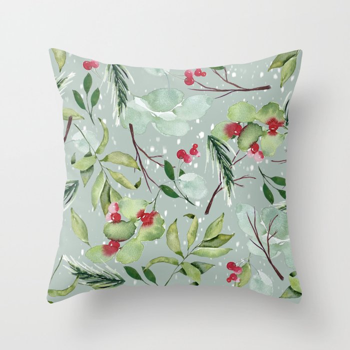 Christmas Greens and Berries - Blue Throw Pillow
