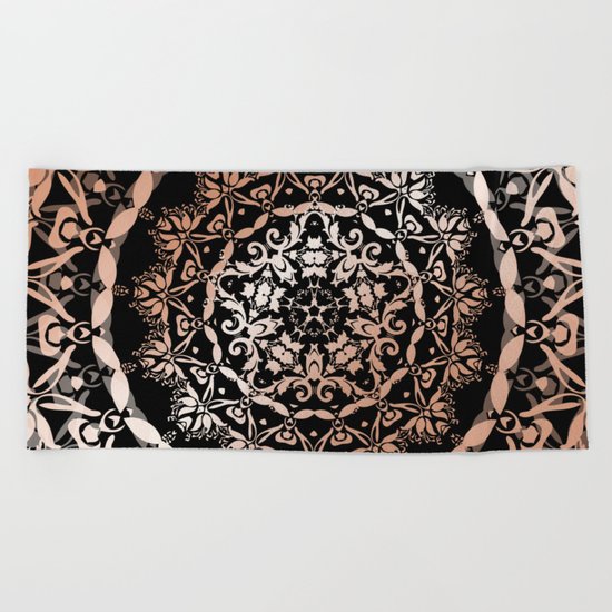 Rose Gold Black Damask Mandala Beach Towel