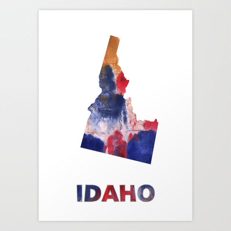 Idaho Map Outline Red Blue Brown Watercolor Painting Art Print By