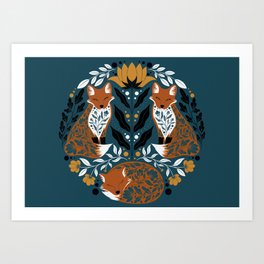 Teal Botanical Foxes Art Print
