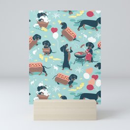 Hot dogs and lemonade // aqua background navy dachshunds Mini Art Print