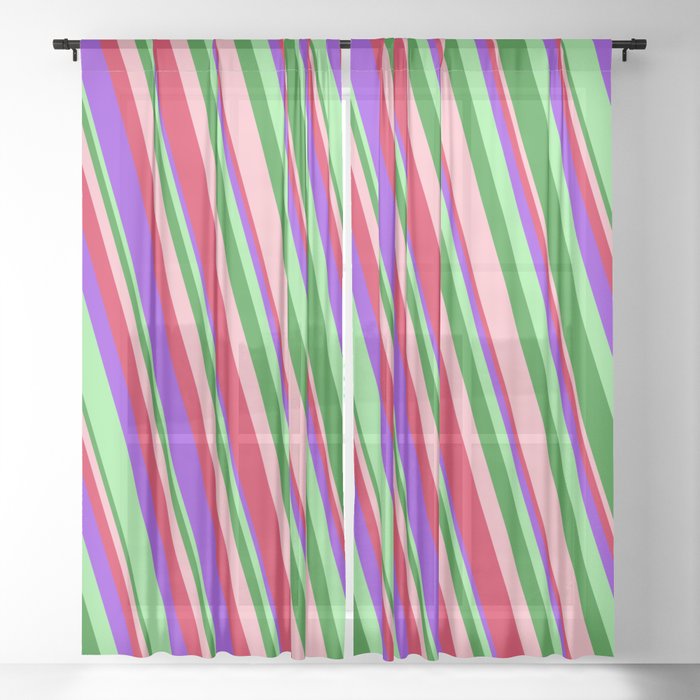 Eye-catching Light Pink, Crimson, Purple, Light Green, and Forest Green Colored Stripes Pattern Sheer Curtain